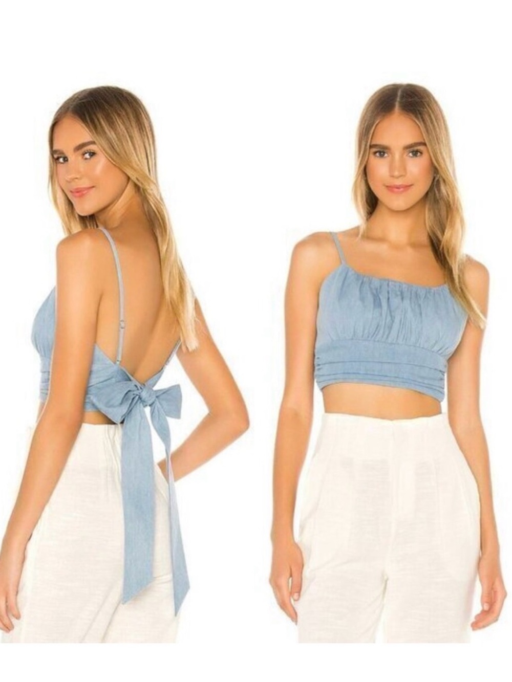 Lovers + Friends Light Blue denim Ruched Tie-Back Crop Top